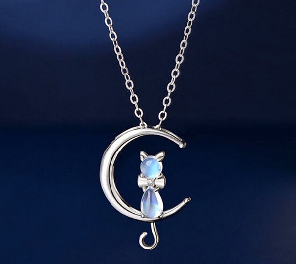 Women Moonstone Cat Pendant Chain Necklace 925 Sterling Silver Jewellery Gift
